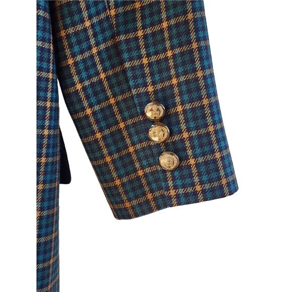 Ellen Tracy VTG Wool Blazer Jacket 6 Navy Chartreuse Micro Tartan Plaid Classic - Picture 7 of 10